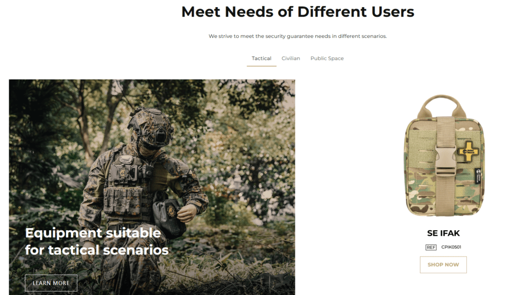 Estudo de Caso de Design da Shopify: Marca Tactical Rescue - Conteúdo Modular para Diferentes Necessidades do Usuário - Seção "Atender às Necessidades de Diferentes Usuários"