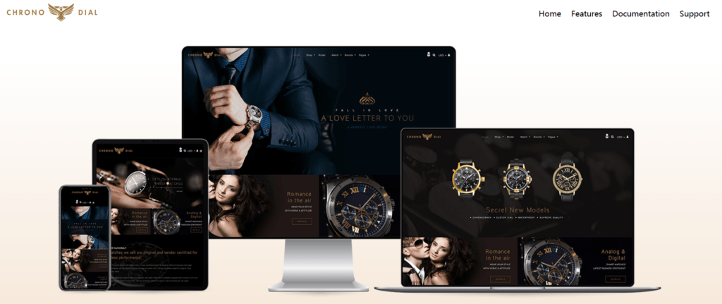 Los mejores temas de relojes para WordPress y Shopify: Chrono Dial, tema de Shopify para relojes