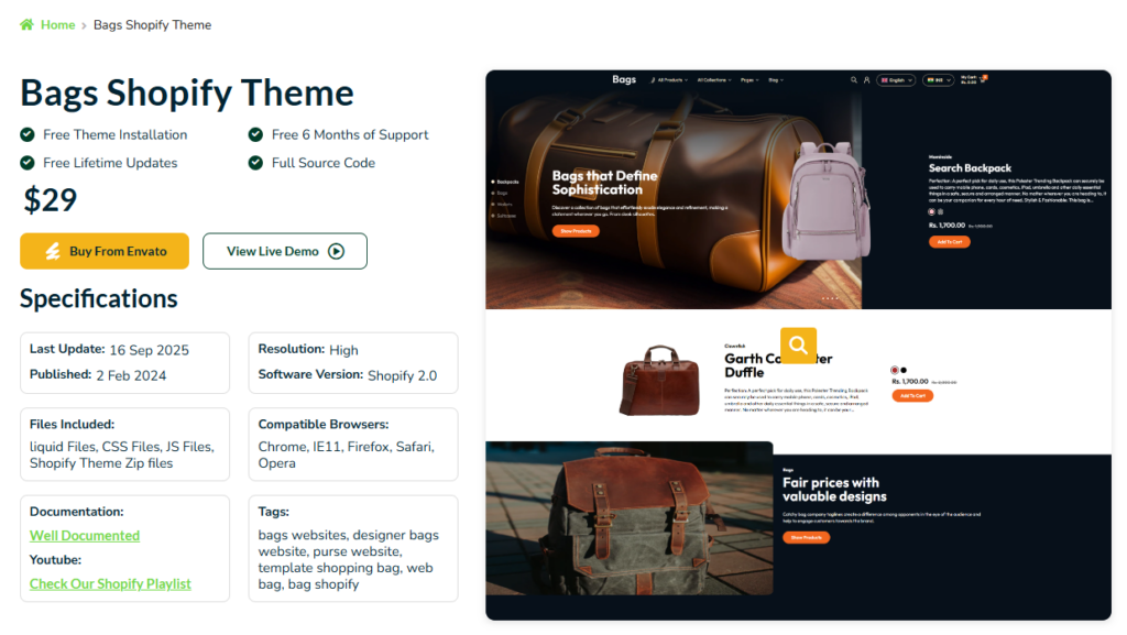 Comparación de los mejores temas para tiendas de bolsos de Shopify y comercio electrónico: Bolsos - Tema Shopify 2.0 para tienda de bolsos de cuero