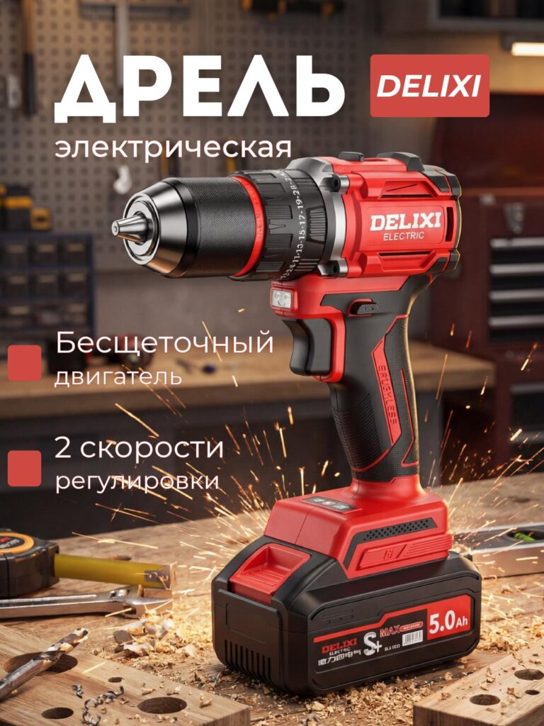 Main Image Design for Ozon Lithium-Ion Battery Powered Tools-Professional Red Drill in a Real Workshop Scene
