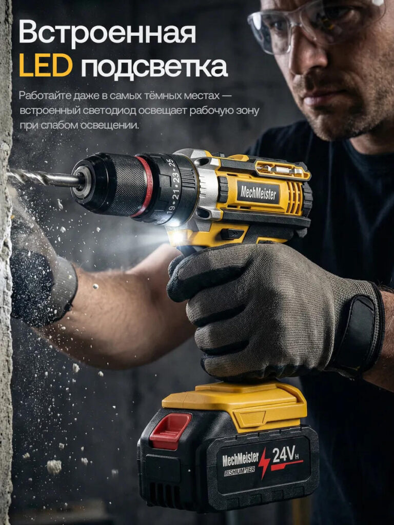 Main Image Design for Ozon Lithium-Ion Cordless Drill-Built-In LED Lighting – Function Shown in Action