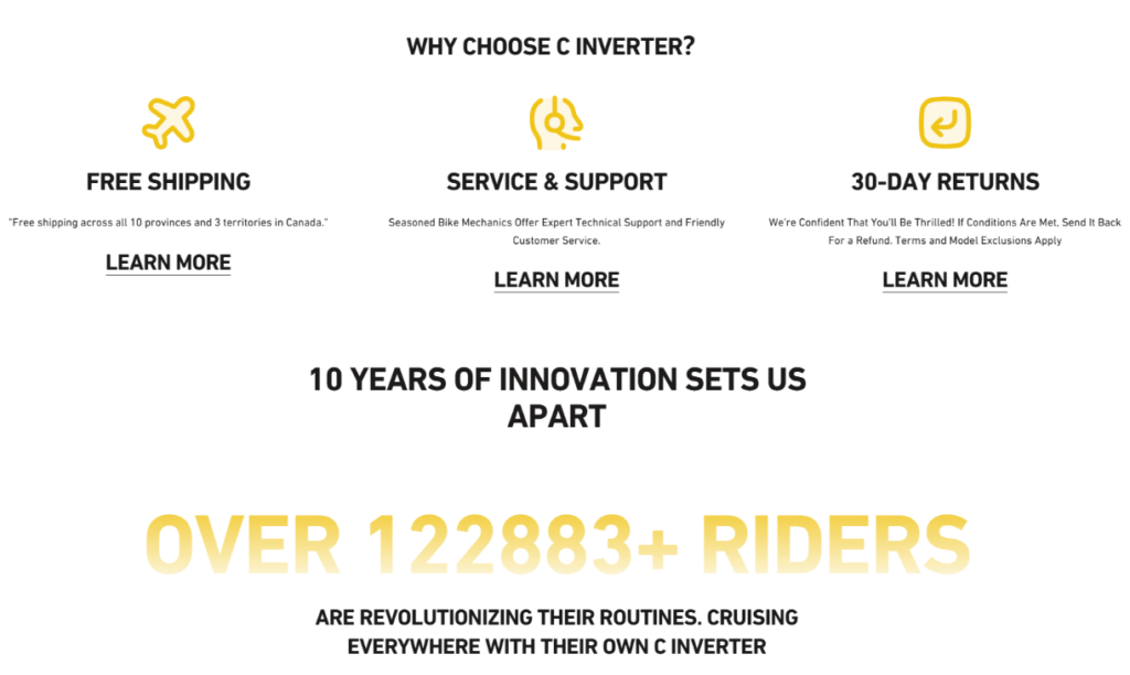 Shopify Electric Bike Website Design Case Study-Building Trust Through Visual Design-“Why Choose CINVERTER?” Section