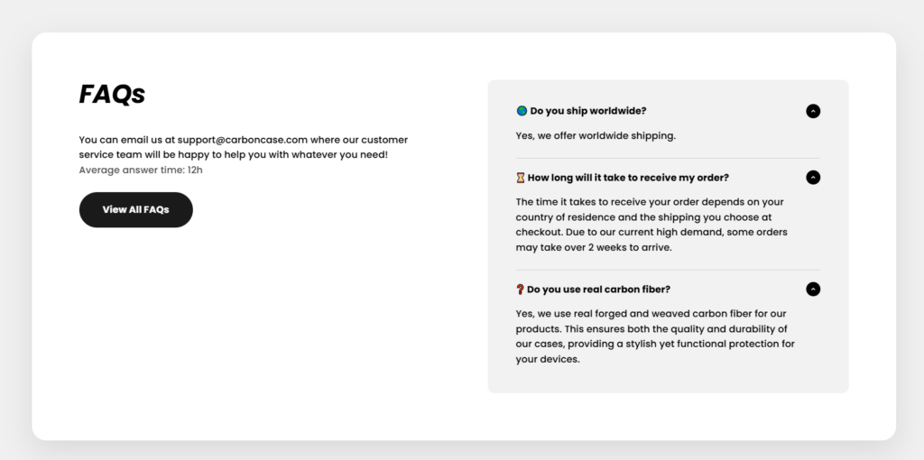 Premium Shopify Store for Carbon Fiber Cases-The Design Process-FAQ Section