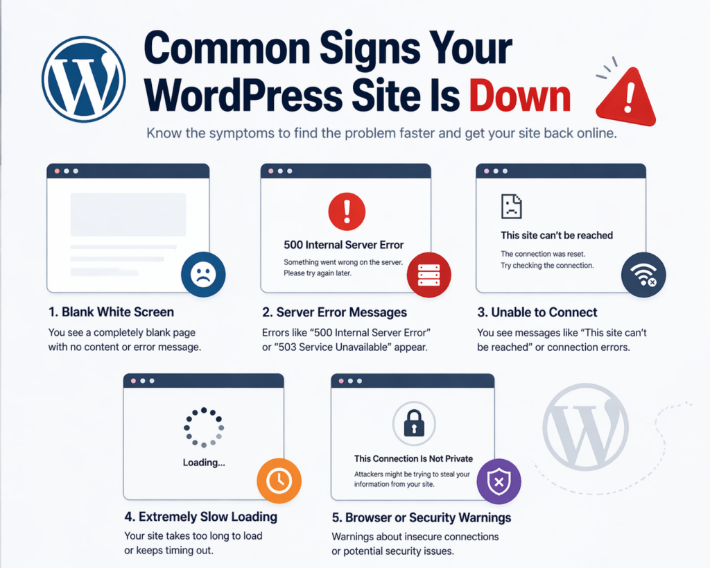 Is WordPress Down? Diagnose and Fix It Fast(2026)-Common Signs Your WordPress Site Is Down