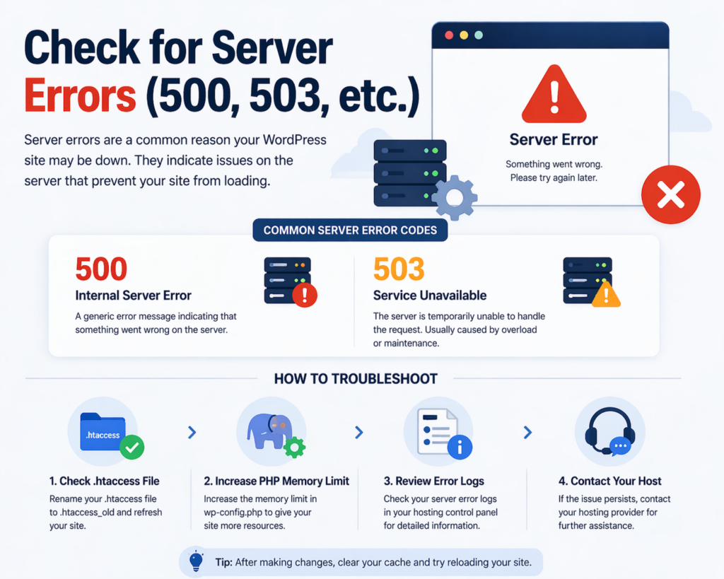 Is WordPress Down? Diagnose and Fix It Fast(2026)-Check for Server Errors (500, 503, etc.)