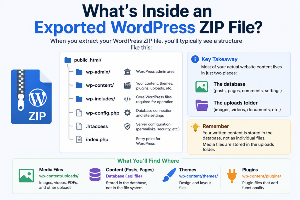 Where to Find Website Content in Exported WordPress Zip (2026 Guide)-What’s Inside an Exported WordPress ZIP File?