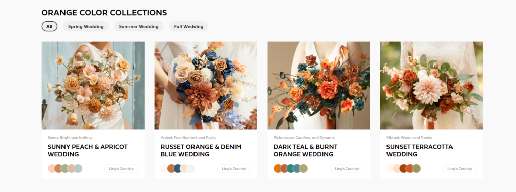 A Shopify Wedding Page Built to Capture Hearts-Homepage-Focused Page Design-Orange Color Collections: Helping Customers Choose a Direction