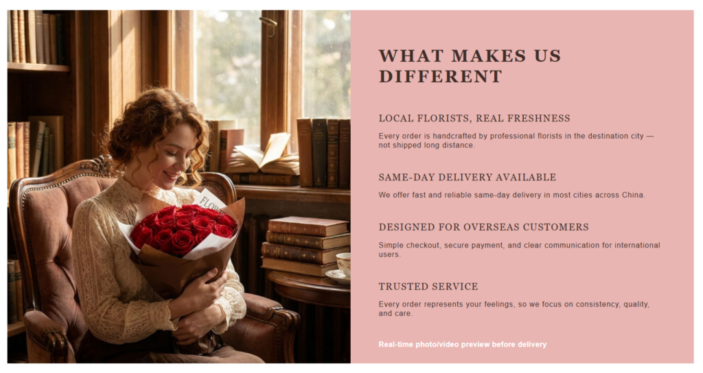 Inside a WordPress Flower Shop That Sells Emotion-“What Makes Us Different”: Turning Service Details Into Trust