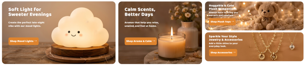 How Cozy Blink Builds A Softer Shopping Experience-Promotional Category Cards: Building Lifestyle Desire