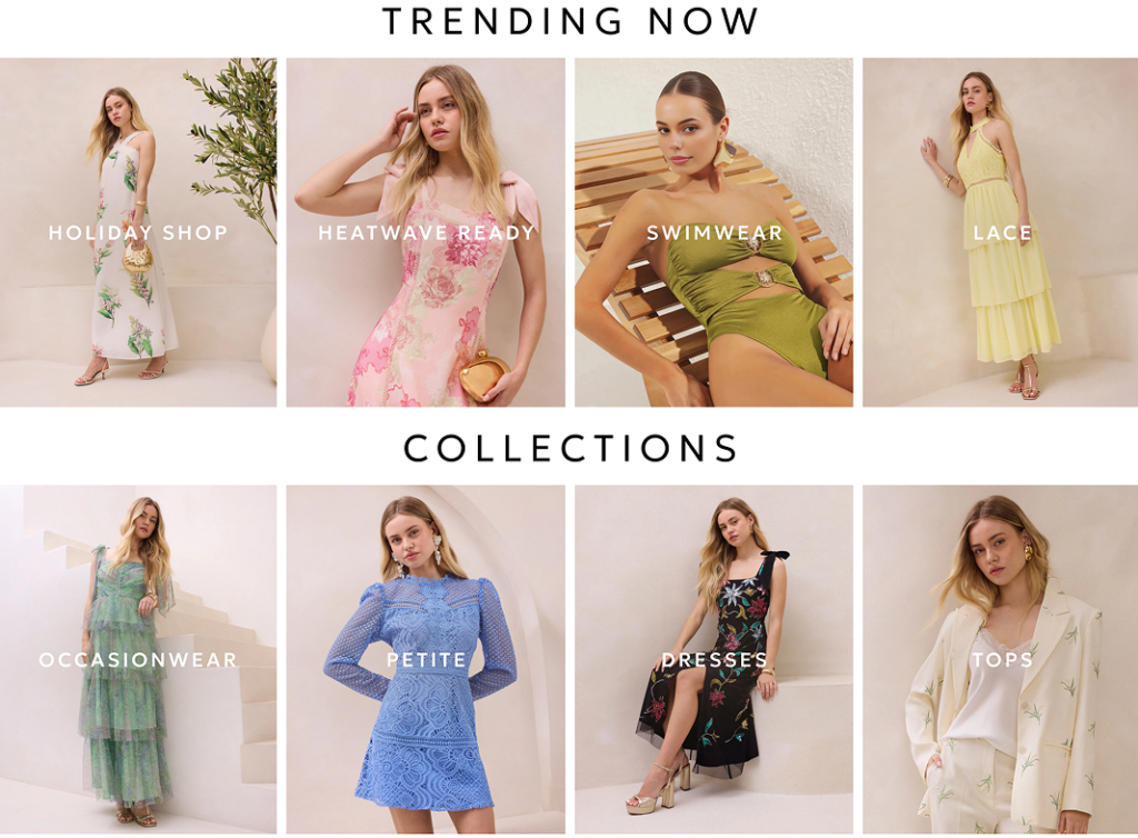 Oasis Fashion Website Design and Conversion Strategy-Trending Now and Collections Grid