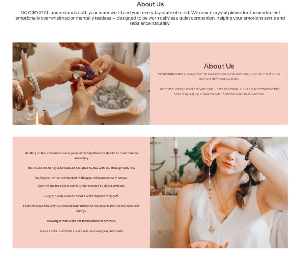 How No7Crystal Turns Crystal Jewelry Into Trust-Full About Us Page: Turning Brand Philosophy Into a Journey