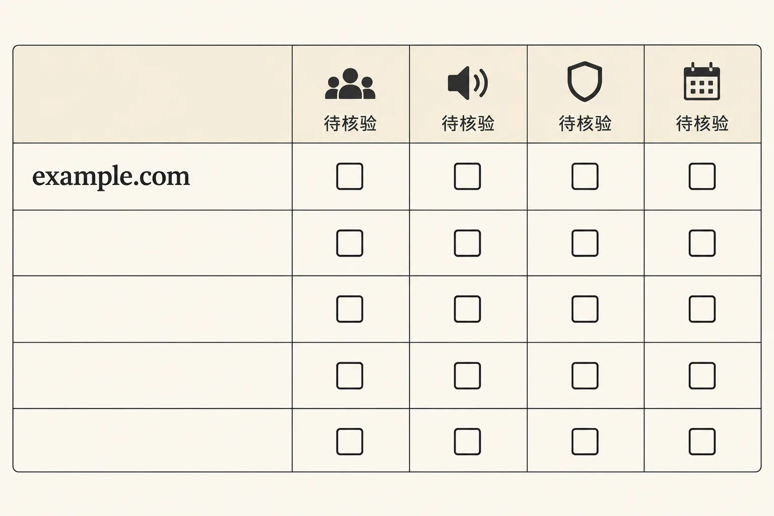 Sample domain comparison worksheet using example.com and items to verify