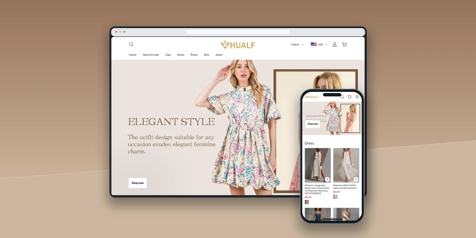 HUALF shop website desktop and mobile browser mockup display