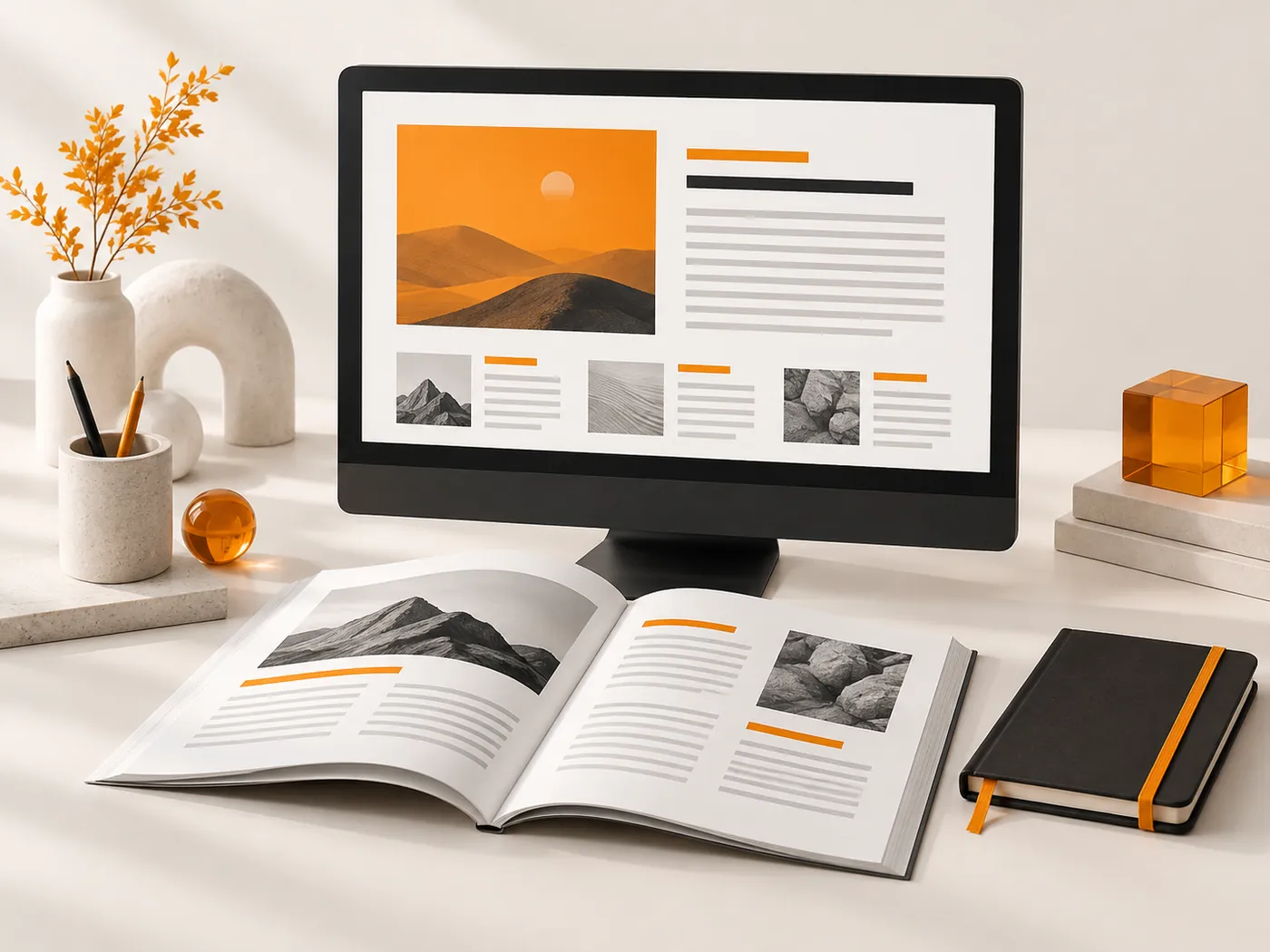 Computer article pages, professional journals and notebooks in orange and black colors display brand content organization and blog publishing.