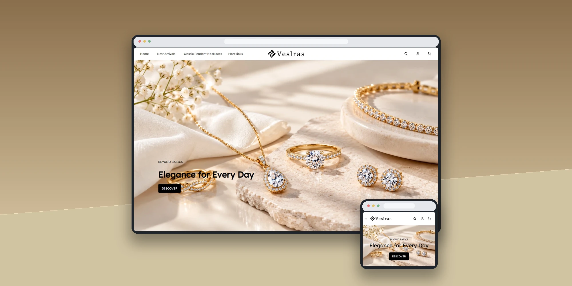 VESLRAS shop website desktop and mobile browser mockup display