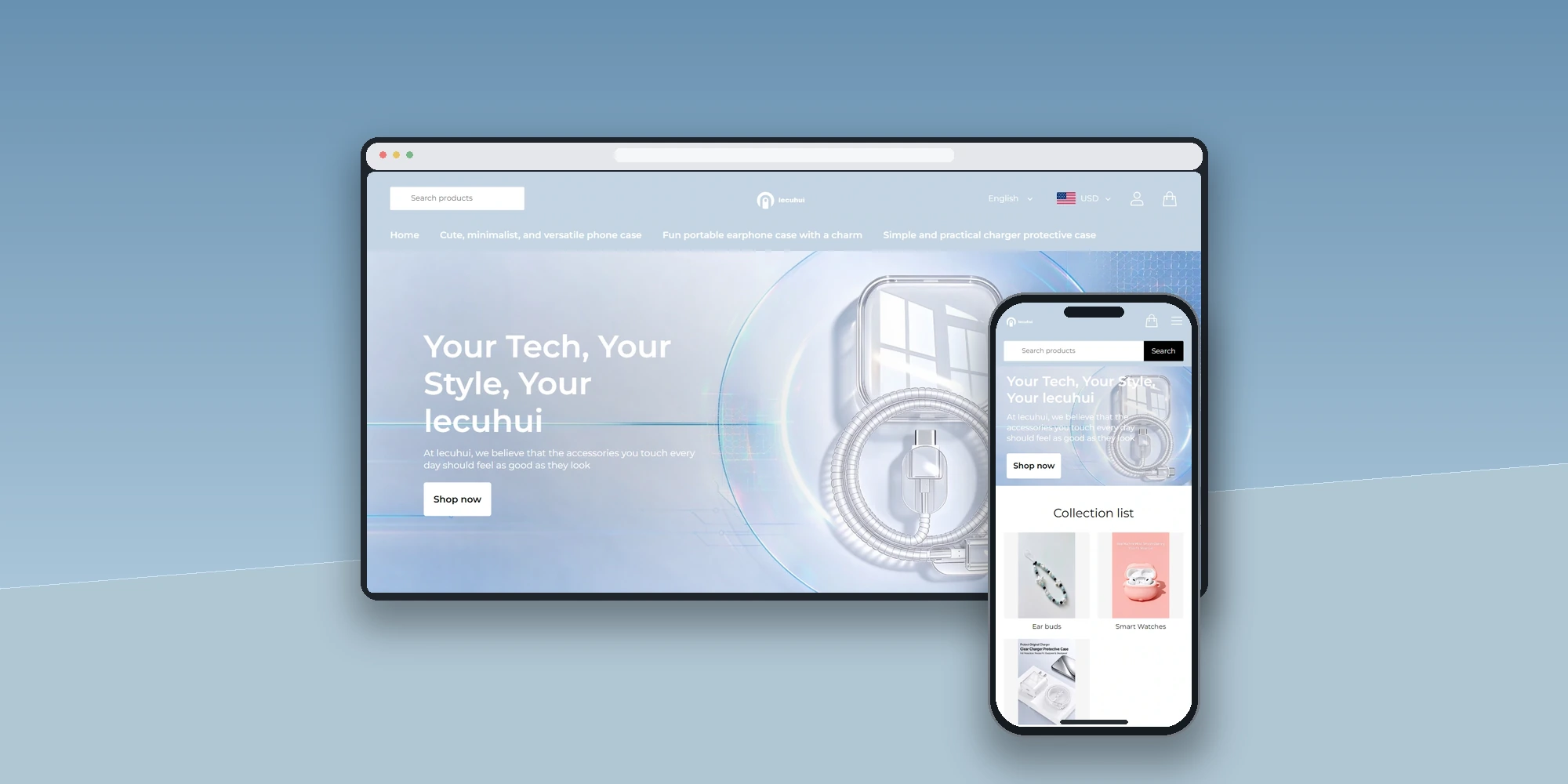 LECUHUI store website desktop and mobile browser mockup display