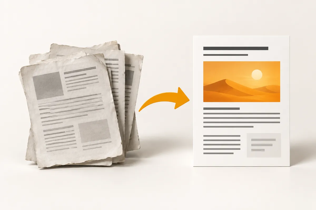 Old article information is connected to the updated article page through orange arrows, showing content revision and optimization.