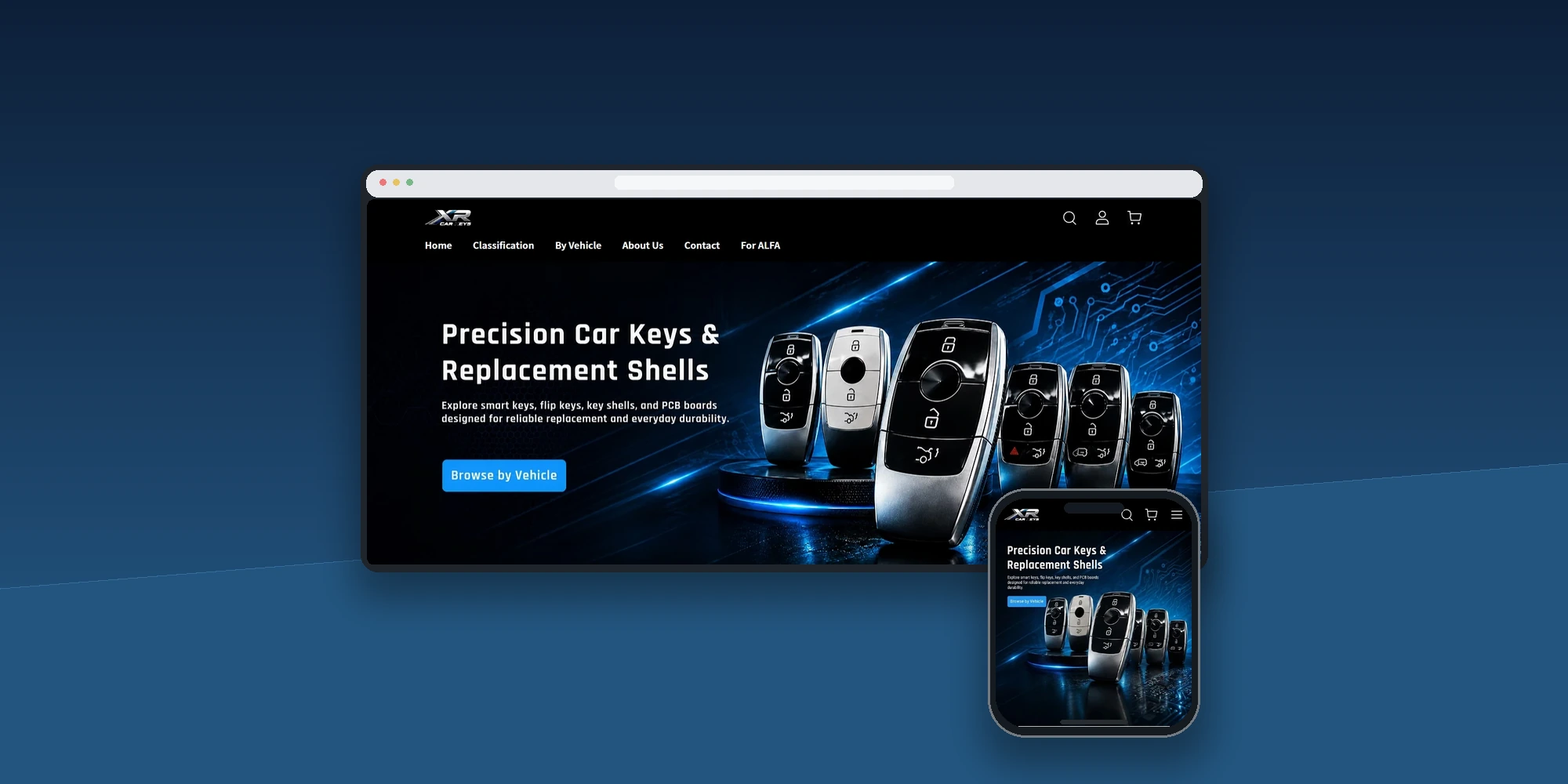 XR AUTO KEYS shop website desktop and mobile browser mockup display