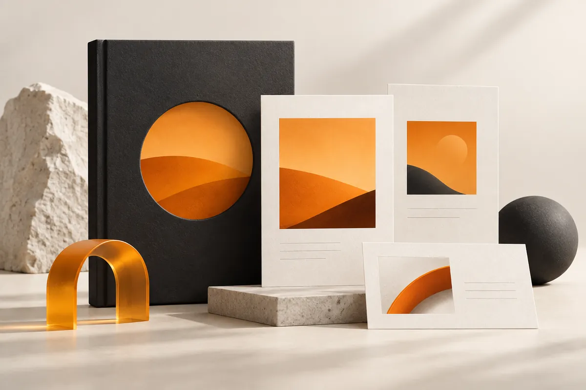 Black brand publications and orange and white narrative cards display unified brand story and website content