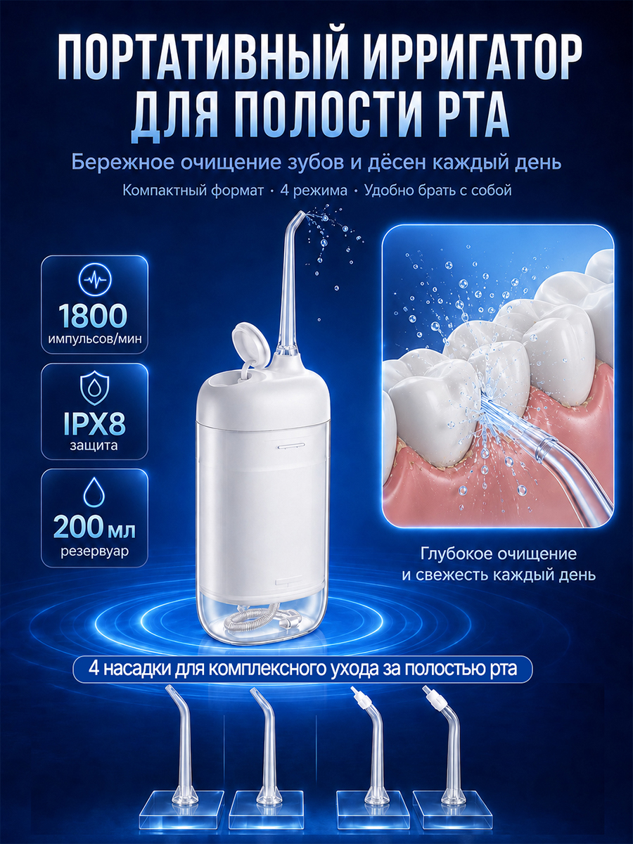 Russian product picture of the portable dental rinser: The white dental rinser is in the center, with 1800, IPX8 and 200ml listed on the left. The teeth are used to illustrate the use on the right, and four nozzles are arranged side by side at the bottom.