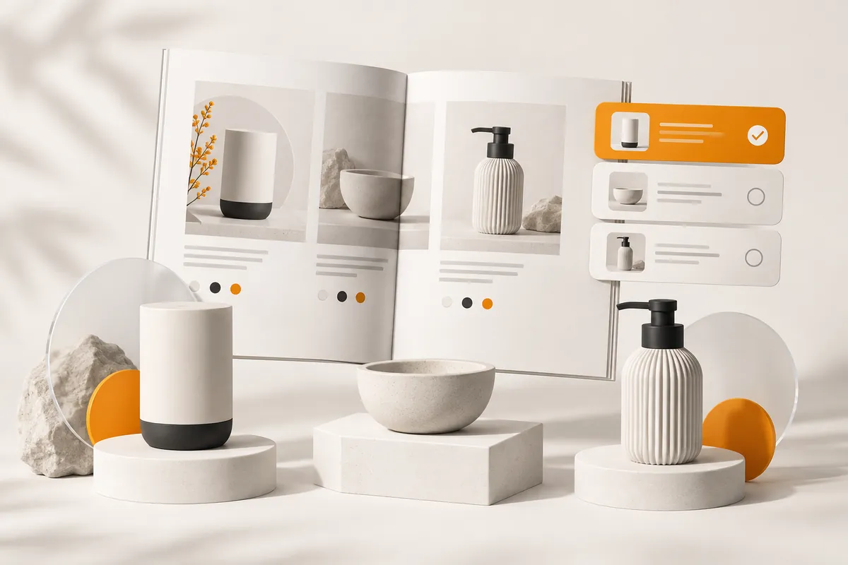 Product guides, product samples and comparison cards display purchasing options and product information instructions