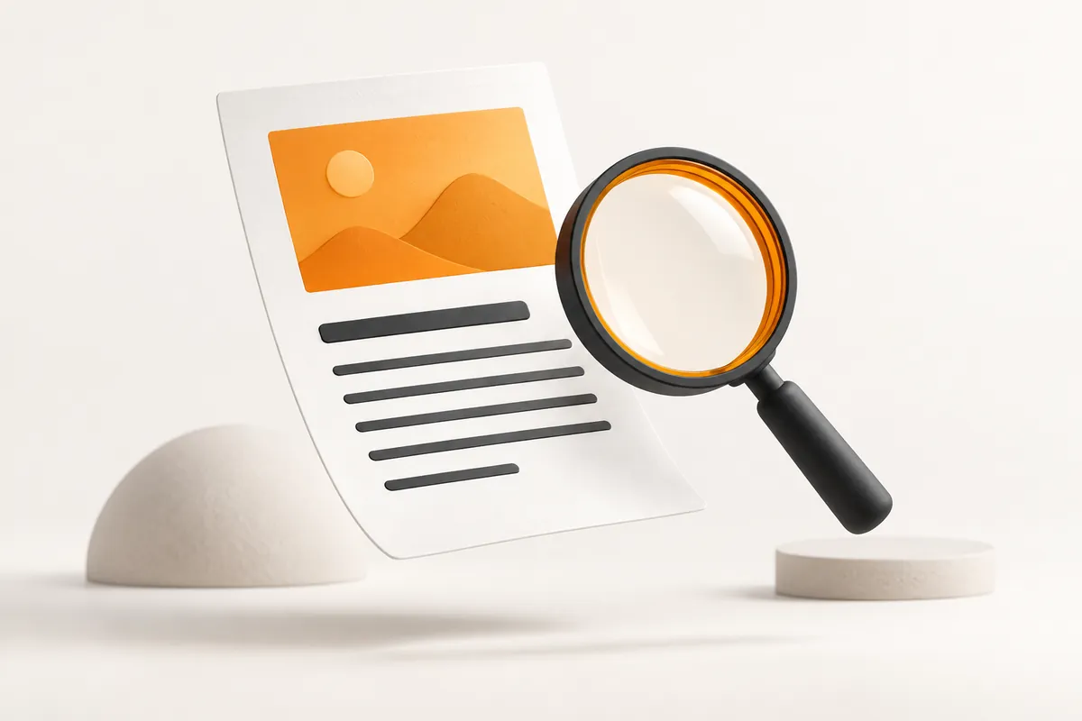 Article content card with orange and black magnifying glass showing professional blog writing and search content optimization
