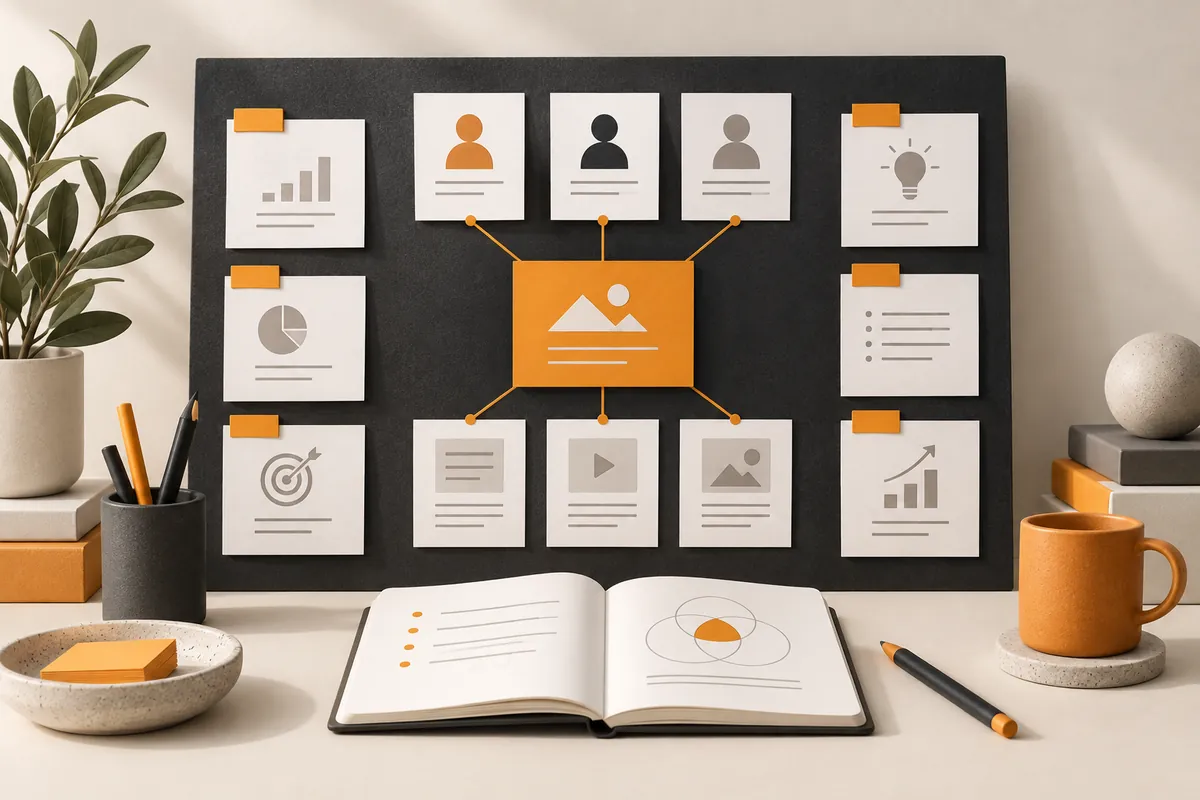 Audience profiles, topic cards, and content planning boards demonstrate building a content strategy around customer needs