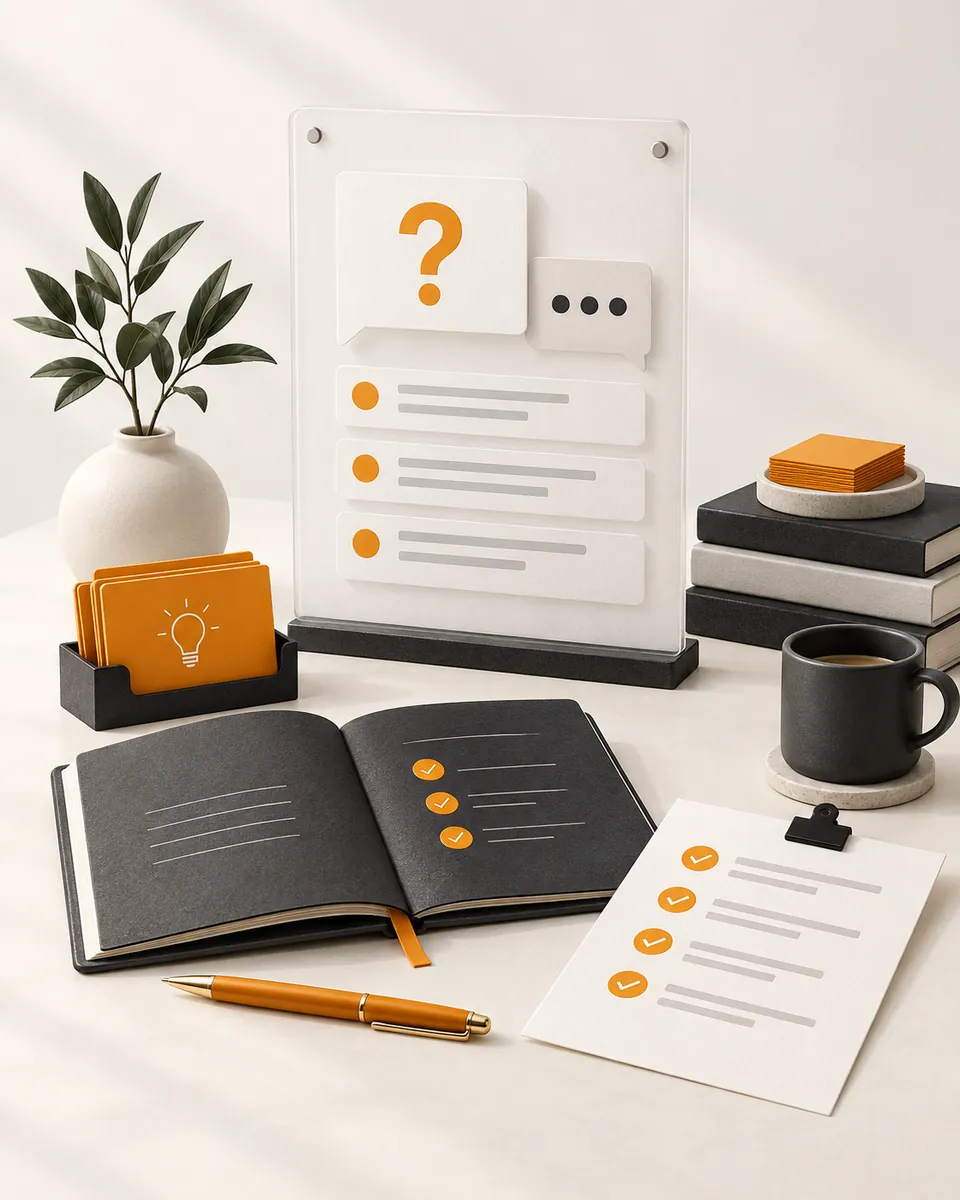 Q&A board, review checklist, and editorial notes showcasing content marketing consultation and pre-publish review