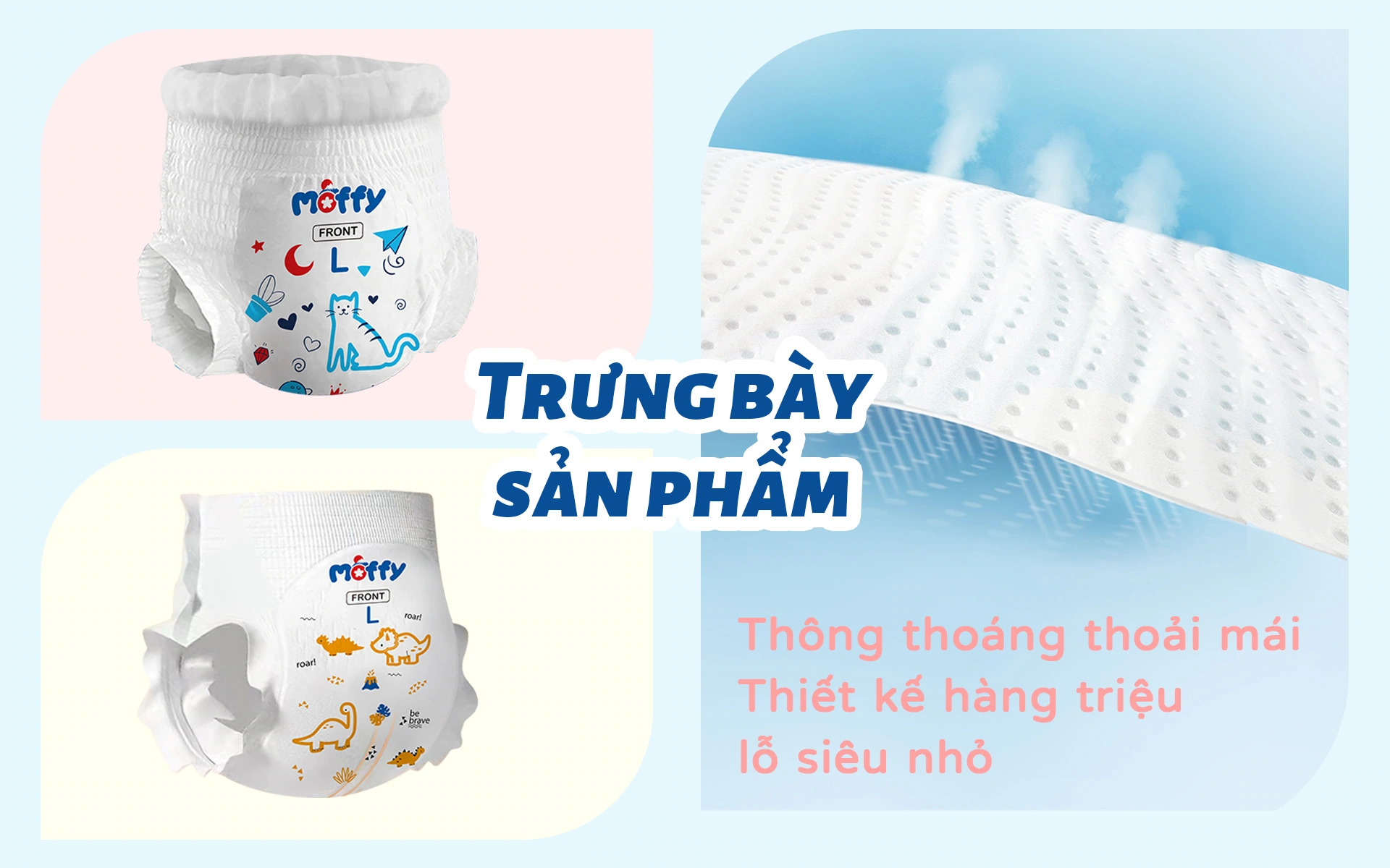 MOFFY diaper series product pictures: product details: front and back views combined with surface enlargement