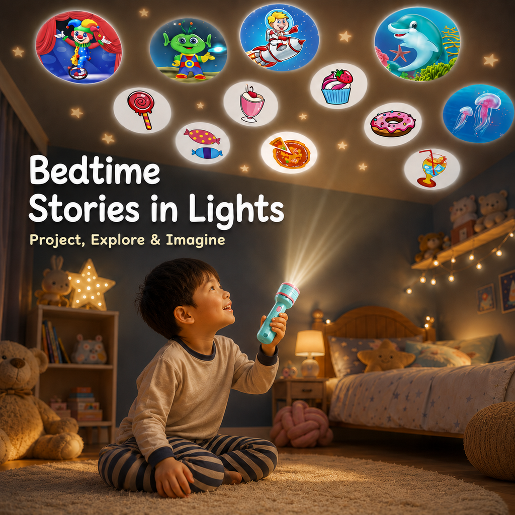 Temu children's story projection flashlight main product image design-create a real bedtime story scene