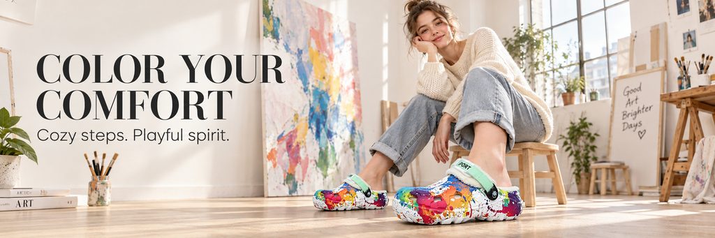 SHEIN Shoe Store Poster Design-Colored Crocs Poster: Use Creative Life Scenes to Highlight Youthfulness