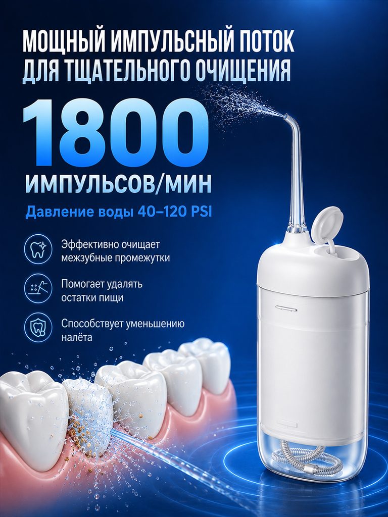 The Russian product picture of the portable dental rinser: 1800 is enlarged as the focus of the page. The dental rinser appears with the teeth and water flow symbols at the same time, and the water pressure range and explanation icons are listed below.