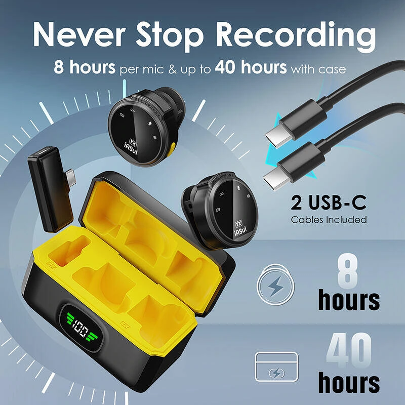 Product picture of round wireless lavalier microphone: Power supply theme: Equipment and wires are displayed separately