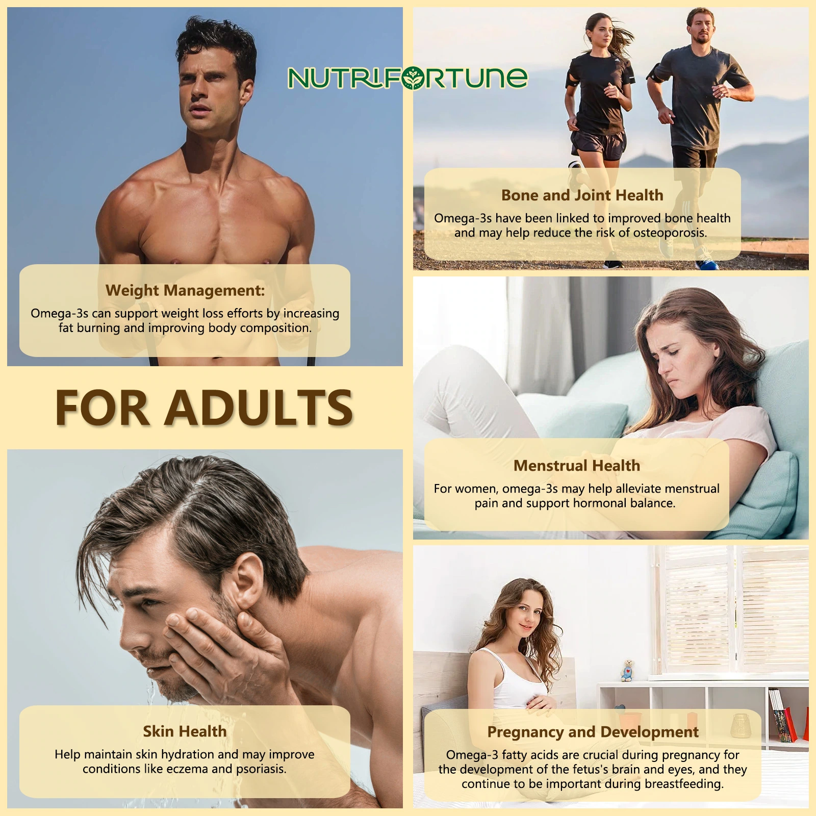 Fish oil nutritional supplement product image: multi-character theme: information gathered in a card grid