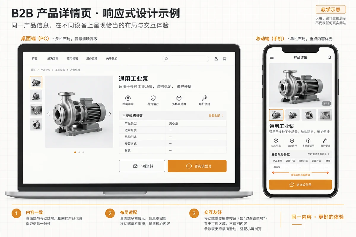 B2B product product detail page desktop and mobile layout side by side comparison