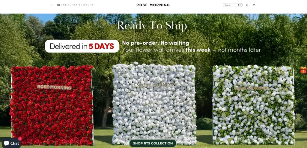 Shopify high-end floral brand website website design case-Hero first screen: give priority to establishing visual impact