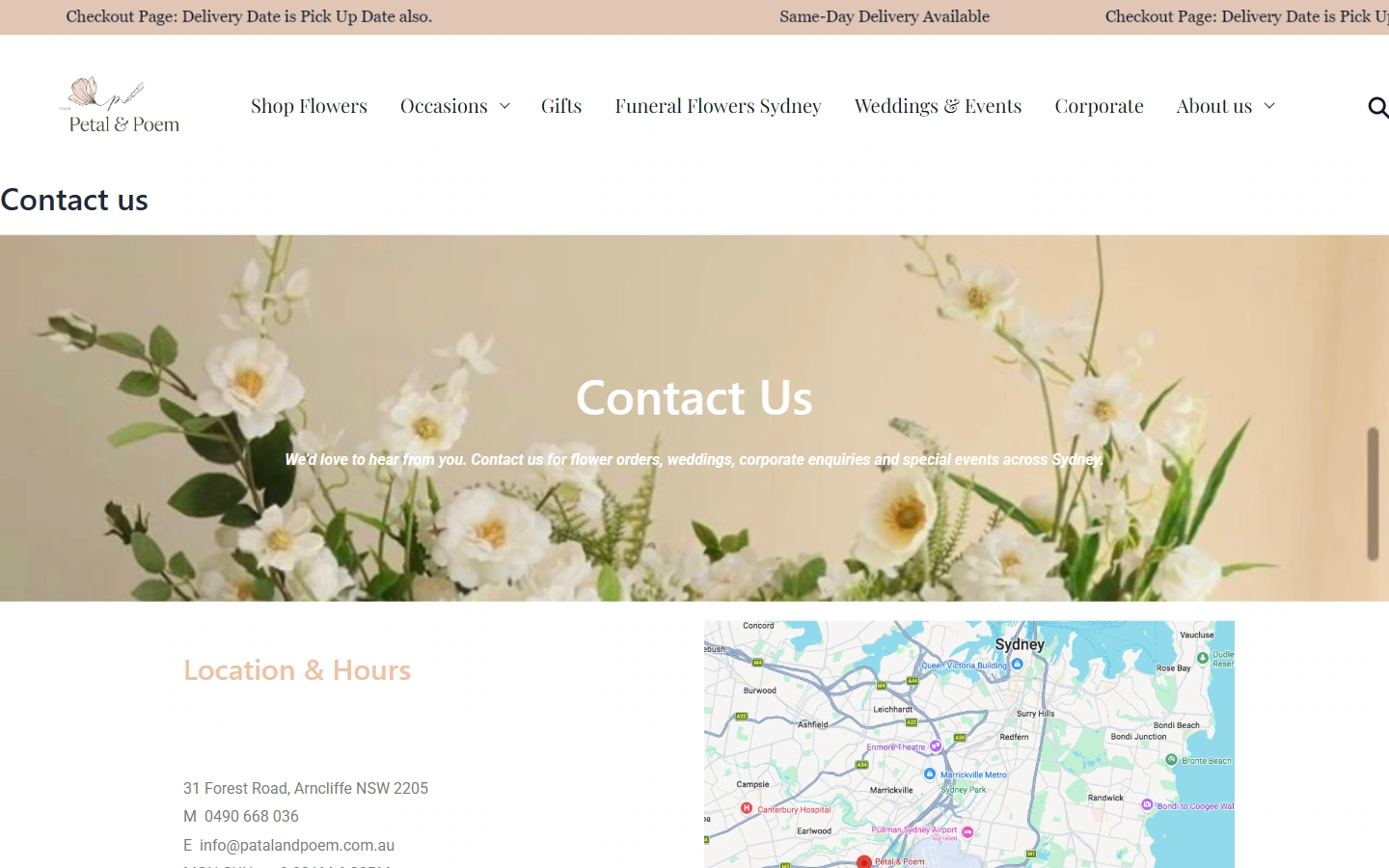Petal & Poem contact page: a clear place for communication