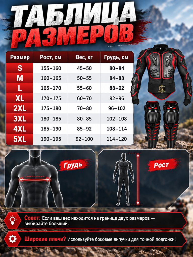 Russian product picture of motorcycle armor and kneepad set: The table lists the ranges from S to 5XL and height, weight, and bust. The figure below indicates the direction of bust and height measurement.