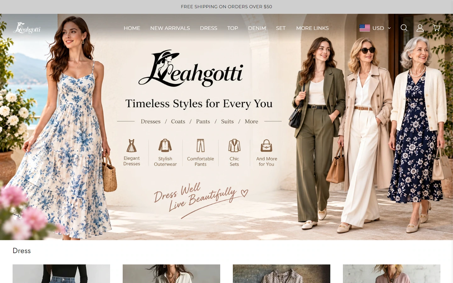 Home page above the fold: first establish the brand tone for women’s clothing selections