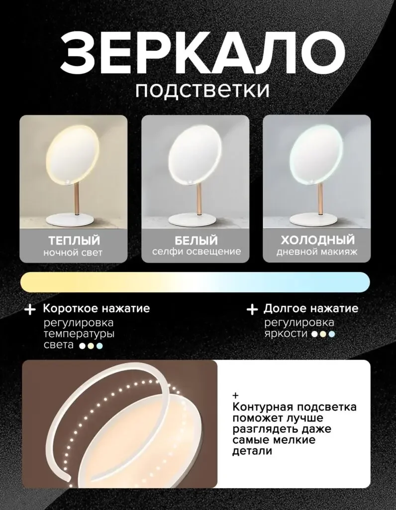 Product picture of LED desktop makeup mirror in Russian: Warm, white and cool lights are presented in three columns. The lower color bar and touch text correspond to the mode and brightness theme.