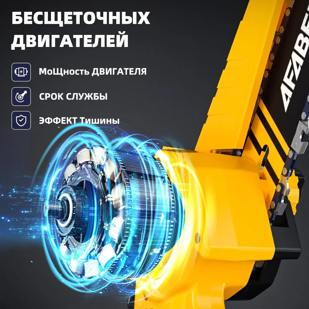 AFABEITA electric chain saw Russian product picture: The blue motor indicates unfolding from the yellow body, and the icon on the left organizes the themes of power, life and noise.