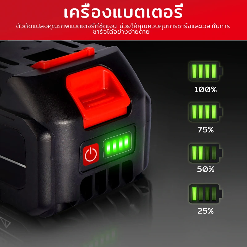 Product picture of power tool battery: battery indicator: deep bottom with green light highlighted