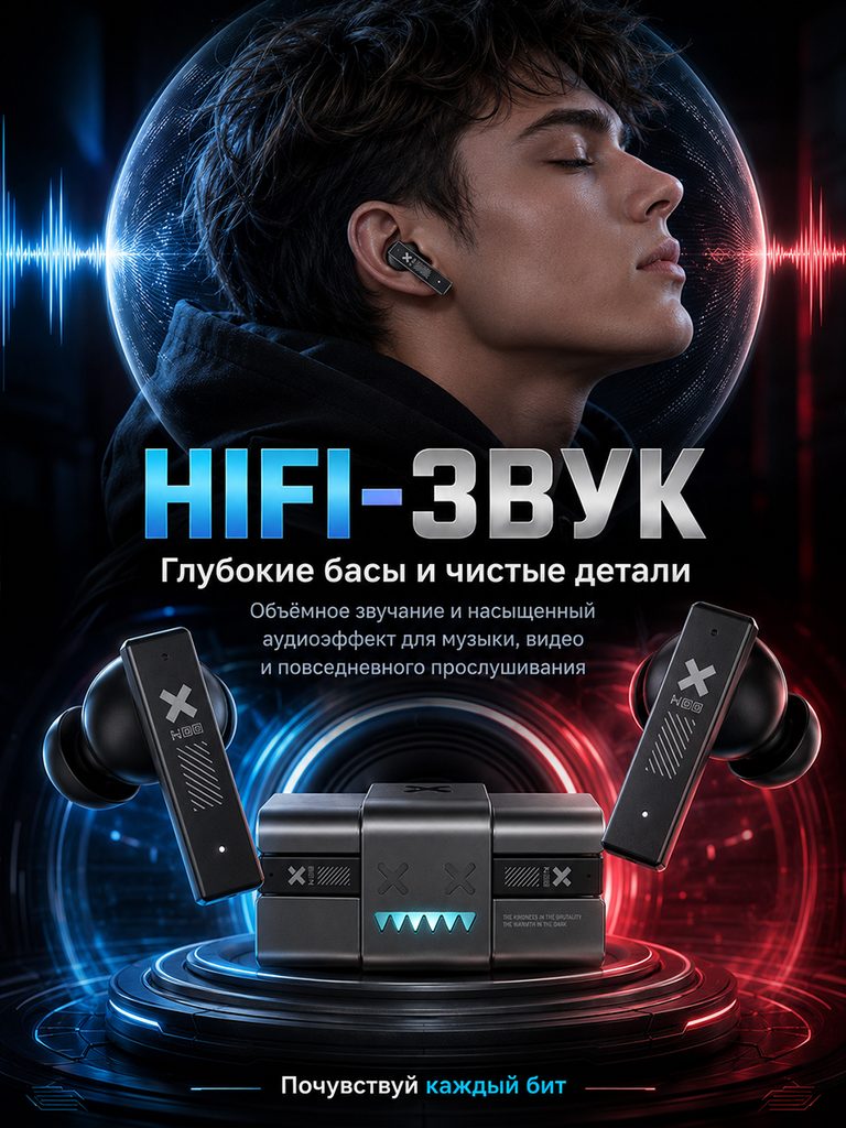Russian product picture of metal body noise-cancelling Bluetooth headset: a combination of a character listening scene and a luminous waveform, the headset and charging box are placed at the bottom, and HiFi is used as the page title.