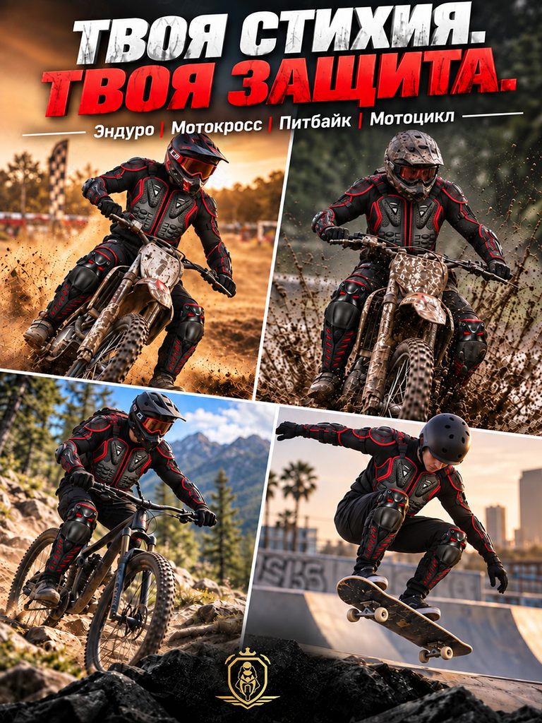 Product photo of motorcycle armor and kneepad set in Russian: The pictures of riding, bicycles and skateboards are organized into grids. The armor remains discernible in different movements, and the red title continues the series of identifications.