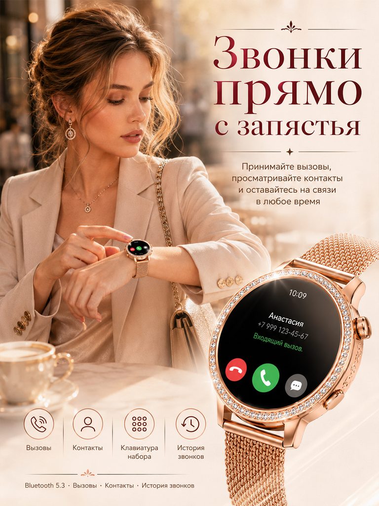 Product picture of rose gold smart watch in Russian: The wrist operation scene is juxtaposed with the incoming call interface, and the icons at the bottom organize calls, contacts, dialing and records.