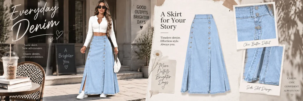 SHEIN women's clothing store poster design case - second picture: using a cafe atmosphere to express the sense of life in denim long skirts