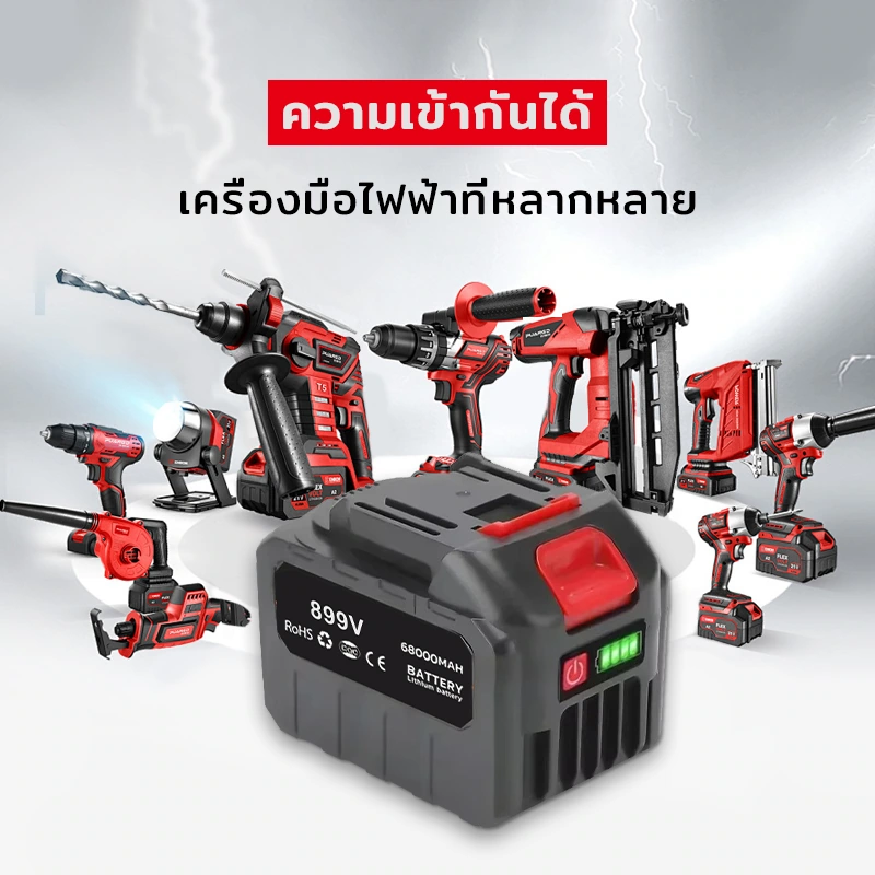 Power tool battery product picture: Tool scene: foreground battery connected to background equipment