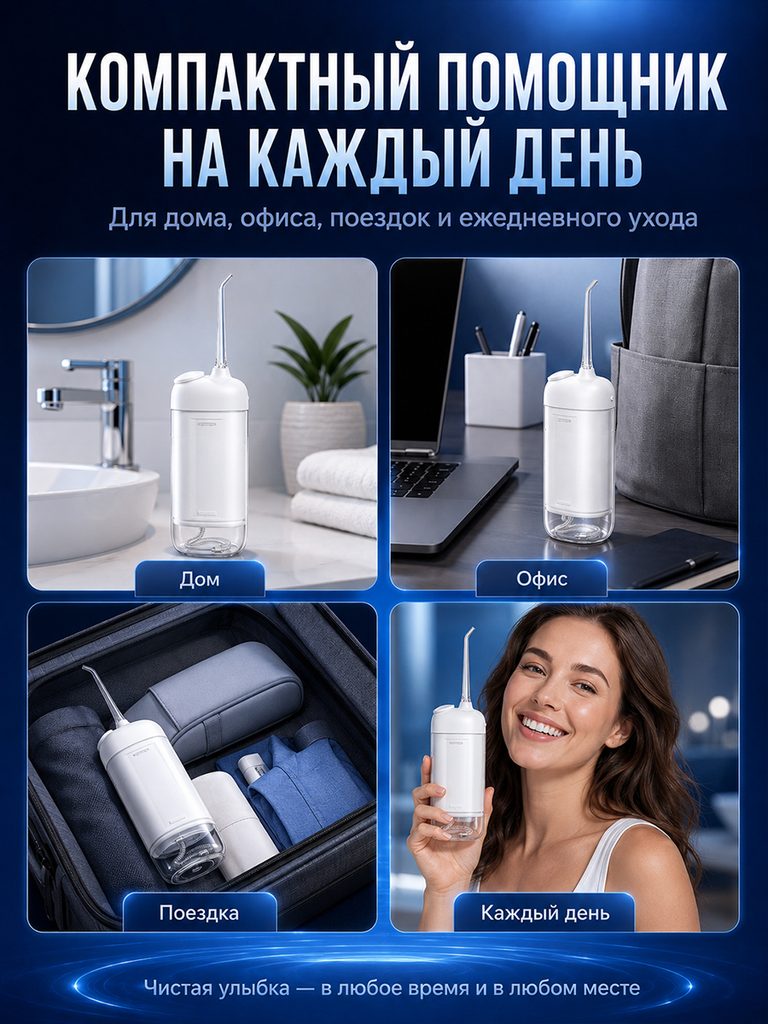 Product picture of the portable dental rinser in Russian: The four grids show the bathroom, desk, luggage and hand-held scenes respectively. The labels distinguish the usage environment, and the blue halo continues at the bottom.
