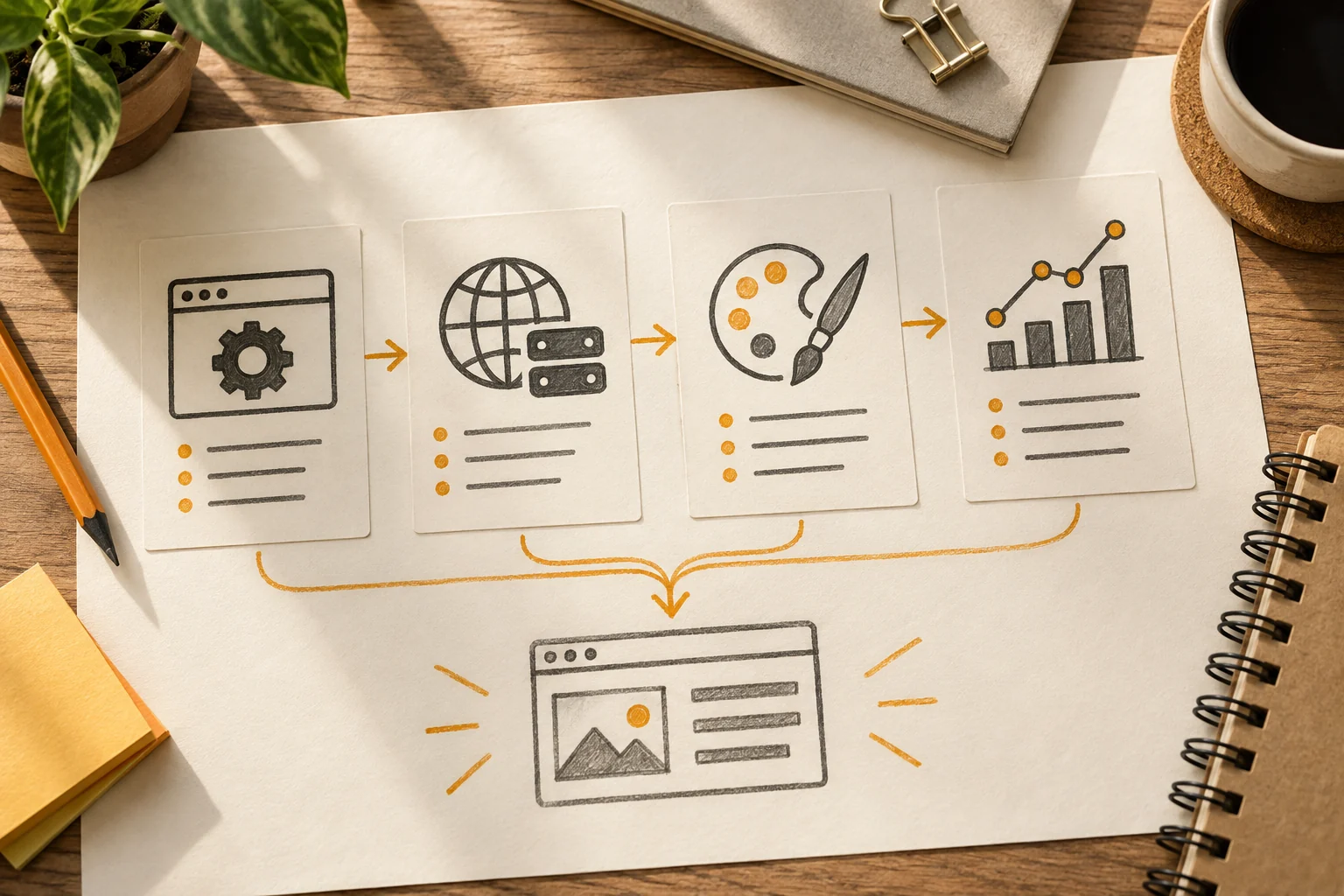 Brand website’s tool usage flow chart from requirements to construction, design and monitoring