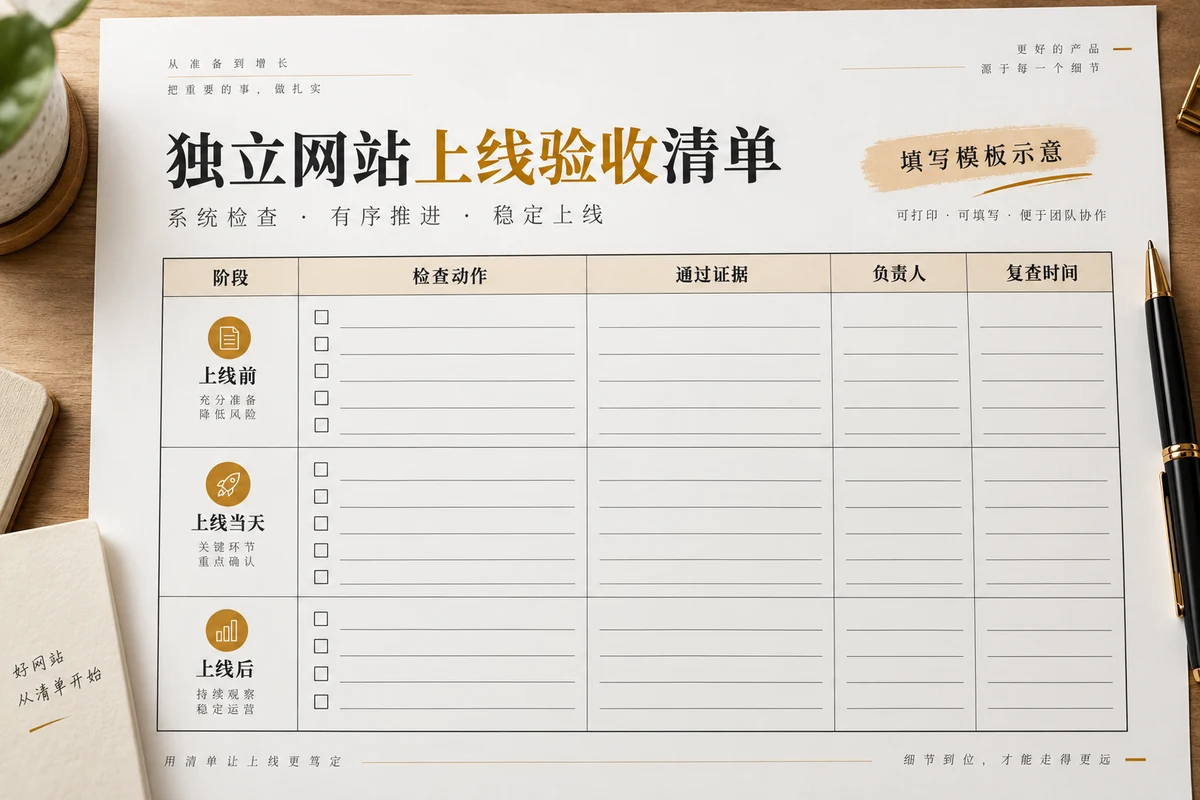 Phased acceptance checklist before and after brand website goes online